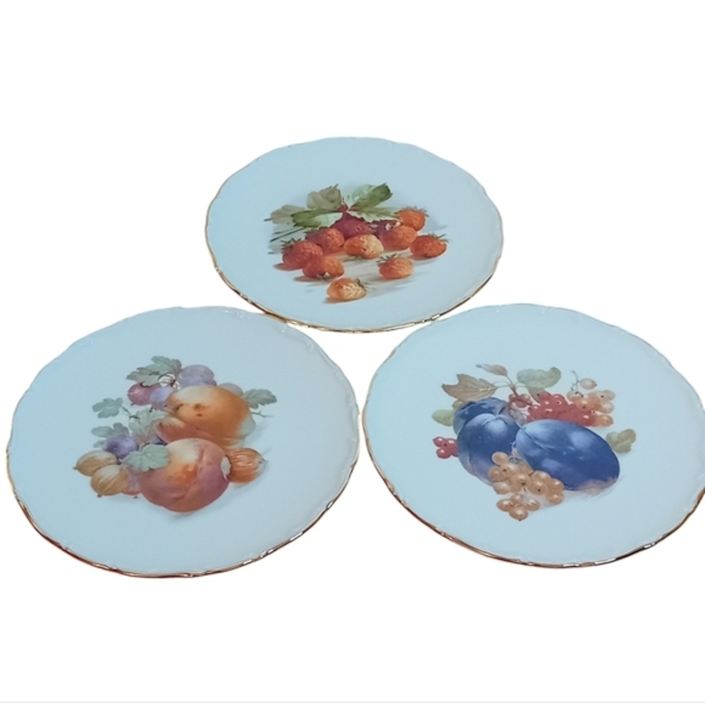 Set x3 Schumann Arzberg Bavaria Salad Plates Gold Trim Peach,Strawberry, Plum‎